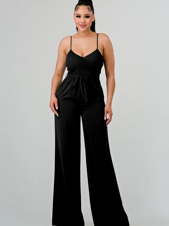 Pants - Wide-Leg Black Jumpsuit with Spaghetti Straps